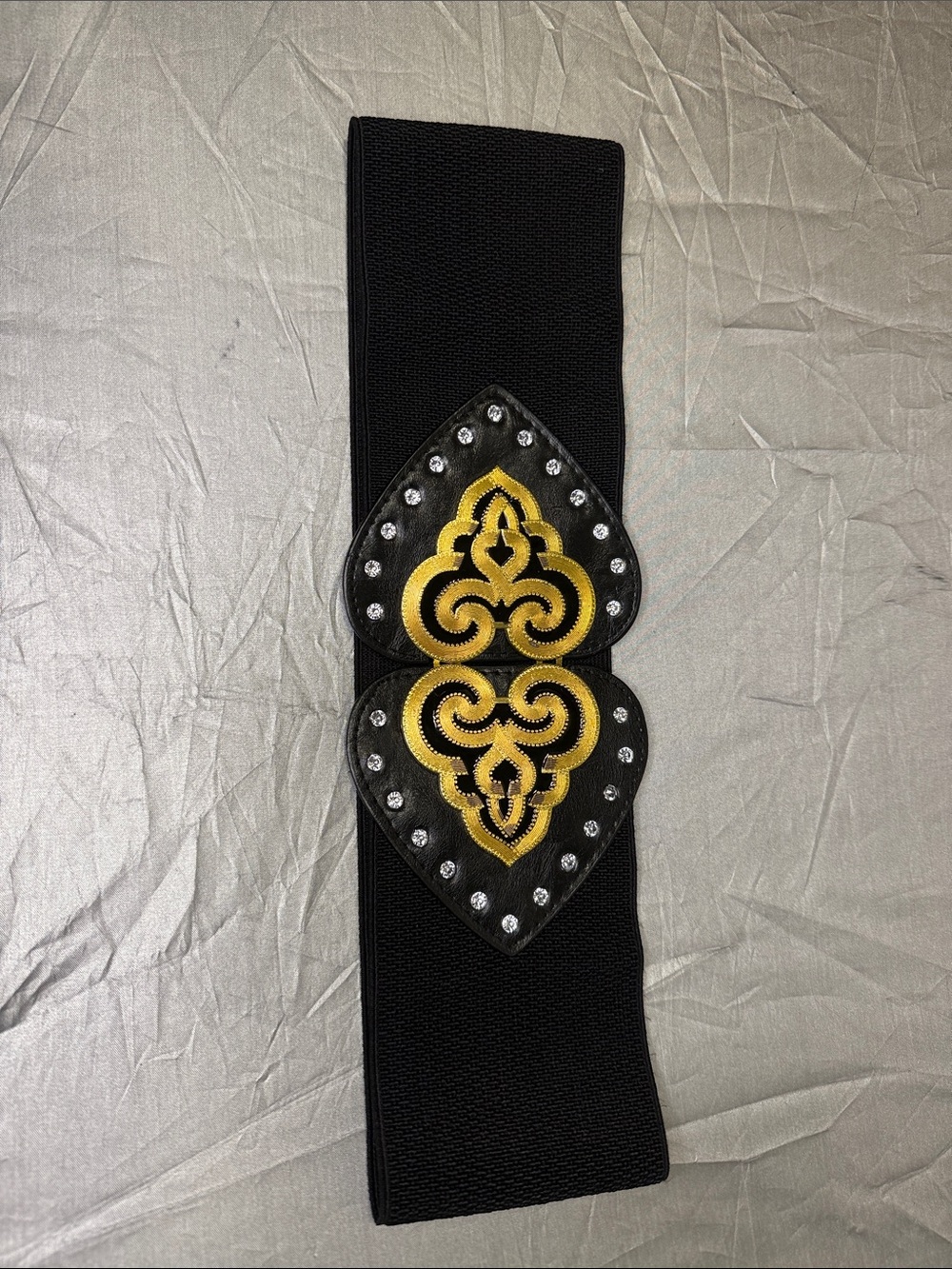 Black Elastic Belt with Gold Embroidered Medallion Y2K